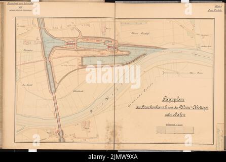 GERECKE Paul, pont au-dessus du Weser pour le canal Rhin-Egg près de Minden. Compétition Schinkel 1905 (15 mars 1905) : pont Canal, descente Weser, port. Plan du site 1 : 2500. Encre, encre couleur aquarelle sur la boîte, 66,3 x 98,6 cm (y compris les bords du scan) Gerecke Paul : Brückenkanal über die Weser für den Rhein-Elbe-Kanal BEI Minden. Schinkelwettbewerb 1905 Banque D'Images