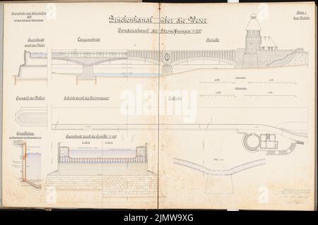 GERECKE Paul, pont au-dessus du Weser pour le canal Rhin-Egg près de Minden. Concours Schinkel 1905 (15 mars 1905): Canal de pont: Tirage spécial des ouvertures de puissance. Vues, coupures, plans d'étage 1: 200, 1: 100, 1:75, 1:25. Encre, encre couleur aquarelle sur la boîte, 65,9 x 99 cm (y compris les bords du scan) Gerecke Paul : Brückenkanal über die Weser für den Rhein-Elbe-Kanal BEI Minden. Schinkelwettbewerb 1905 Banque D'Images