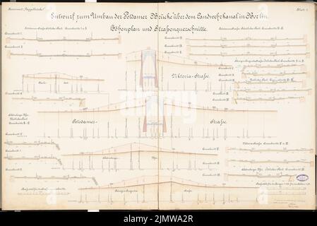 Schulze Otto, conversion du pont de Potsdam à Berlin. Compétition Schinkel 1896 (1896): Plan de hauteur et croix de rue -sections 1: 500, 1:50. Encre, aquarelle couleur encre sur la boîte, 67,3 x 100,8 cm (y compris les bords du scan) Schulze Otto : Umbau der Potsdamer Brücke, Berlin. Schinkelwettbewerb 1896 Banque D'Images