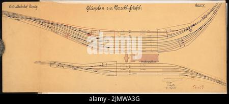 Dirksen Friedrich (mort en 1907), gare principale de Leipzig. Concours Schinkel 1899 (04.05.1900): Panneau de verrouillage: Plan de piste. Mise en page. Encre, aquarelle couleur encre sur la boîte, 42 x 101,6 cm (y compris les bords de numérisation) Dircksen Friedrich (Gest. 1907): Hauptbahnhof, Leipzig. Schinkelwettbewerb 1899 Banque D'Images