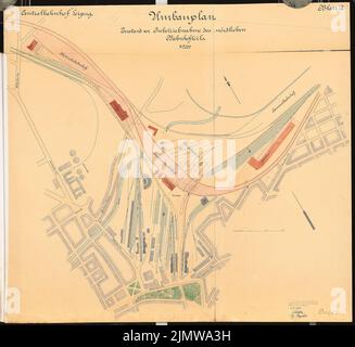 Dirksen Friedrich (mort en 1907), gare principale de Leipzig. Concours Schinkel 1899 (04.05.1900): Selon le plan: Plan de conversion avant la mise en service de la station nord section 1: 2000. Encre, aquarelle couleur encre sur la boîte, 100 x 108,9 cm (y compris les bords de numérisation) Dircksen Friedrich (Gest. 1907): Hauptbahnhof, Leipzig. Schinkelwettbewerb 1899 Banque D'Images