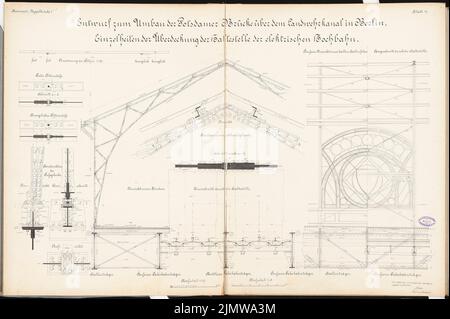 Schulze Otto, conversion du pont de Potsdam à Berlin. Concours Schinkel 1896 (1896): Hochbahn: Gare. Voir, coupes, détails 1:20, 1:5. Encre, encre colorée sur carton, 67,4 x 101,3 cm (y compris les bords de balayage) Schulze Otto : Umbau der Potsdamer Brücke, Berlin. Schinkelwettbewerb 1896 Banque D'Images
