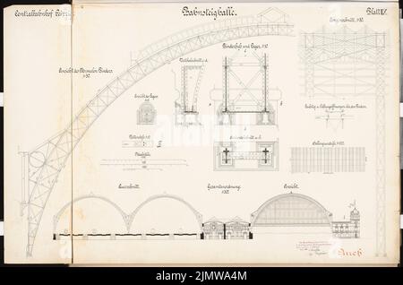 Dirksen Friedrich (mort en 1907), gare principale de Leipzig. Concours Schinkel 1899 (04.05.1900): Salle de plateforme: Plan d'étage 1: 1000, vues 1: 300, 1:50, coupes 1:50, détails 1:10. Tuche aquarelle sur la boîte, 67,6 x 102 cm (y compris les bords de balayage) Dircksen Friedrich (Gest. 1907): Hauptbahnhof, Leipzig. Schinkelwettbewerb 1899 Banque D'Images