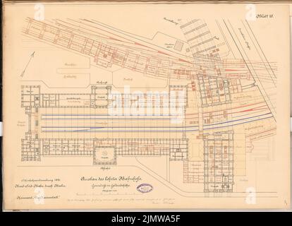 Schimpff Gustav (1871-1919), chemin de fer nord-sud traversant Berlin. Concours Schinkel 1897 (1897): Expansion Lehrter Bahnhof. Plan d'étage 1: 500. Encre, aquarelle couleur encre sur la boîte, 51,6 x 71,3 cm (y compris les bords de balayage) Schimpff Gustav (1871-1919): Nord-Süd-Bahn durch Berlin. Schinkelwettbewerb 1897 Banque D'Images