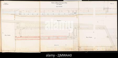 Goetzke Max, refonte du canal Spree à Berlin-Mitte. Concours Schinkel 1899 (20 novembre 1899): Écluse: Coupe longitudinale, plan de sol 1: 100. Encre, aquarelle couleur encre sur la boîte, 69,9 x 155,3 cm (y compris les bords de balayage) Goetzke Max : Umgestaltung des Spreekanals, Berlin-Mitte. Schinkelwettbewerb 1899 Banque D'Images