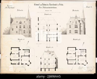 Goetzke Max, refonte du canal Spree à Berlin-Mitte. Concours Schinkel 1899 (20 novembre 1899) : Schlusenmeisterhaus. Vues, coupes, plans d'étage 1: 100. Tusche aquarelle sur la boîte, 52,1 x 68,3 cm (y compris les bords de balayage) Goetzke Max : Umgestaltung des Spreekanals, Berlin-Mitte. Schinkelwettbewerb 1899 Banque D'Images