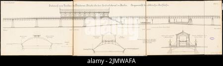 Schulze Otto, conversion du pont de Potsdam à Berlin. Concours Schinkel 1896 (1896): Ascenseur électrique avec arrêt: Vue longitudinale, coupes, vues 1: 100. Tuche aquarelle sur la boîte, 50,4 x 2015 cm (y compris les bords de balayage) Schulze Otto : Umbau der Potsdamer Brücke, Berlin. Schinkelwettbewerb 1896 Banque D'Images