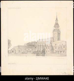 Hoffmann Willy (né en 1878), Église évangélique. Concours Schinkel 1904 (07.03.1904) : vue en perspective depuis le jardin. Crayon sur carton, 49,9 x 48,7 cm (y compris les bords de balayage) Hoffmann Willy (geb. 1878): Evangelische Kirche. Schinkelwettbewerb 1904 Banque D'Images