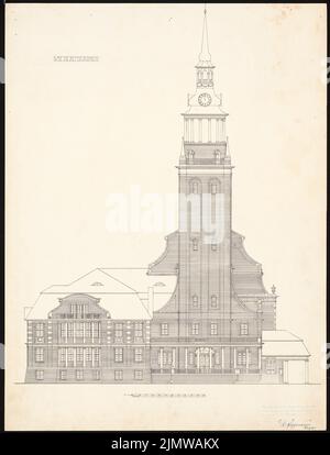 Hoffmann Willy (né en 1878), Église évangélique. Concours Schinkel 1904 (07.03.1904) : vue de la façade de la tour 1 : 100. Encre sur carton, 66,4 x 50,6 cm (y compris les bords de numérisation) Hoffmann Willy (geb. 1878): Evangelische Kirche. Schinkelwettbewerb 1904 Banque D'Images