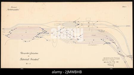 Blunck Otto (1882-1919), liaison entre les rives droite et gauche du Rhin et l'Ahrtalbahn. Concours Schinkel 1909 (19 mars 1909): Gare de Troisdorf: Plan de piste schématique. Encre, encre couleur aquarelle sur la boîte, 35,6 x 68,3 cm (y compris les bords de balayage) Blunck Otto (1882-1919): Verbindung zwischen rechts- und linksrheinischer Bahn der Ahrtalbahn. Schinkelwettbewerb 1909 Banque D'Images