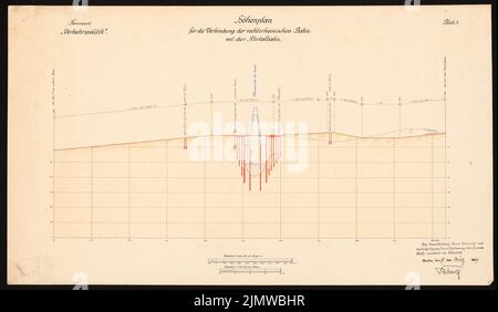 Blunck Otto (1882-1919), liaison entre les rives droite et gauche du Rhin et l'Ahrtalbahn. Concours Schinkel 1909 (03/19/1909): Höhenplan 1: 10 000 (longueurs), 1: 500 (hauteurs). Encre, encre couleur aquarelle sur la boîte, 38,2 x 65,5 cm (y compris les bords de balayage) Blunck Otto (1882-1919): Verbindung zwischen rechts- und linksrheinischer Bahn der Ahrtalbahn. Schinkelwettbewerb 1909 Banque D'Images