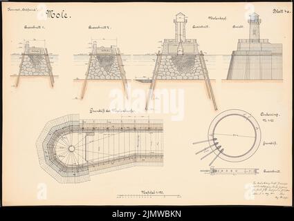 KOSS Achmed (1887-1914), système portuaire pour Gdansk-Neufahrwasser. Concours Schinkel 1914 (14 mars 1914) : mole. Coupes transversales, plans d'étage 1: 150. Tusche aquarelle sur la boîte, 49,8 x 70,6 cm (y compris les bords de balayage) Koss Achmed (1887-1914): Hafenanlage, Danzig-Neufahrwasser. Schinkelwettbewerb 1914 Banque D'Images