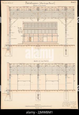 KOSS Achmed (1887-1914), système portuaire pour Gdansk-Neufahrwasser. Concours Schinkel 1914 (14.03.1914) : Kaischuppen (Hambourg design). Coupes 1:50, vue 1: 100. Tusche aquarelle sur la boîte, 70,4 x 50,6 cm (y compris les bords de balayage) Koss Achmed (1887-1914): Hafenanlage, Danzig-Neufahrwasser. Schinkelwettbewerb 1914 Banque D'Images