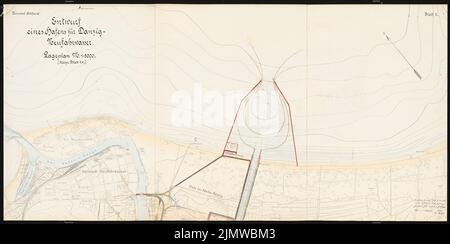 KOSS Achmed (1887-1914), système portuaire pour Gdansk-Neufahrwasser. Concours Schinkel 1914 (14.03.1914): Département 1: 5000. Encre, encre couleur aquarelle sur une rupture sur la boîte, 70,8 x 142,1 cm (y compris les bords de balayage) Koss Achmed (1887-1914): Hafenanlage, Danzig-Neufahrwasser. Schinkelwettbewerb 1914 Banque D'Images