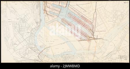 KOSS Achmed (1887-1914), système portuaire pour Gdansk-Neufahrwasser. Concours Schinkel 1914 (14.03.1914): Département 1: 5000. Encre, encre couleur aquarelle sur une rupture sur la boîte, 69,9 x 142,5 cm (y compris les bords de balayage) Koss Achmed (1887-1914): Hafenanlage, Danzig-Neufahrwasser. Schinkelwettbewerb 1914 Banque D'Images