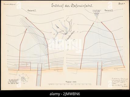 KOSS Achmed (1887-1914), système portuaire pour Gdansk-Neufahrwasser. Concours Schinkel 1914 (14.03.1914) : entrée au port. Plan du site 1 : 5000. Encre, aquarelle couleur encre sur la boîte, 49,6 x 70,6 cm (y compris les bords de numérisation) Koss Achmed (1887-1914): Hafenanlage, Danzig-Neufahrwasser. Schinkelwettbewerb 1914 Banque D'Images