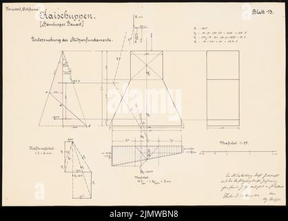 KOSS Achmed (1887-1914), système portuaire pour Gdansk-Neufahrwasser. Concours Schinkel 1914 (14.03.1914) : Kaischuppen (conception de Hambourg) : fondations de soutien. Alimente les plans. Encre, encre colorée sur carton, 35,7 x 49,7 cm (y compris les bords de balayage) Koss Achmed (1887-1914): Hafenanlage, Danzig-Neufahrwasser. Schinkelwettbewerb 1914 Banque D'Images