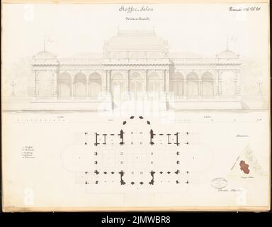 Architecte inconnu, salon de café dans le Tiergarten à Berlin. Compétition mensuelle novembre 1876 (11,1876): Plan du site, plan d'étage rez-de-chaussée, vue sur la tourmente du côté de la terre; 2 bandes d'échelle. Tuche aquarelle sur papier, 46,3 x 59,3 cm (y compris les bords de numérisation) N.N. : Kaffeesalon im Tiergarten, Berlin. Monatskonkurrenz novembre 1876 Banque D'Images