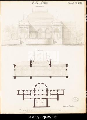 Architecte inconnu, salon de café dans le Tiergarten à Berlin. Compétition mensuelle novembre 1876 (11,1876): Plan d'étage sous-sol, contour vue latérale, coupe transversale; 3 bandes d'échelle. Tuche aquarelle sur papier, 59,5 x 45,6 cm (y compris les bords de numérisation) N.N. : Kaffeesalon im Tiergarten, Berlin. Monatskonkurrenz novembre 1876 Banque D'Images