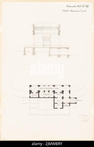 Architecte inconnu, salon de café dans le Tiergarten à Berlin. Compétition mensuelle novembre 1876 (11,1876): Plan d'étage Keller, section transversale; barre d'échelle. Tuche aquarelle sur papier, 49,6 x 33,1 cm (y compris les bords de numérisation) N.N. : Kaffeesalon im Tiergarten, Berlin. Monatskonkurrenz novembre 1876 Banque D'Images