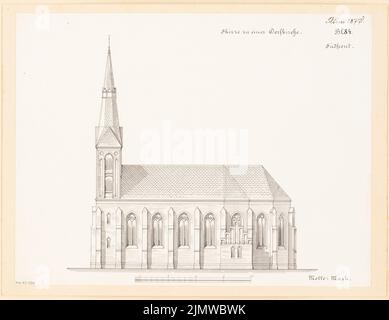 Architecte inconnu, église de village à deux marguerites à Märkisches Brick pour 300 sièges. Compétition mensuelle juin 1877 (06,1877) : vue du sud supérieur ; barre d'échelle. Encre sur papier, 27,1 x 35,1 cm (y compris les bords de numérisation) N. : Zweischiffige Dorfkirche in märkischem Backstein für 300 Sitzplätze. Monatskonkurrenz Juni 1877 Banque D'Images