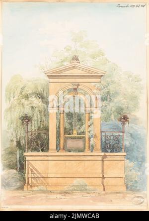 Architecte inconnu, grave monument pour le conseiller privé Koch à Thale. Compétition mensuelle novembre 1877 (11,1877) : vue avant du RISS ; barre d'échelle. Tuche aquarelle sur papier, 58 x 41 cm (y compris les bords de numérisation) N.N. : Grabdenkmal für Geheimrat Koch, Thale. Monatskonkurrenz novembre 1877 Banque D'Images