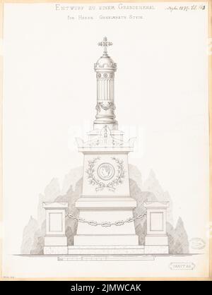 Architecte inconnu, grave monument pour le conseiller privé Stein à Stettin. Compétition mensuelle décembre 1877 (12,1877) : vue avant du RISS ; barre d'échelle. Encre sur papier, 58,3 x 44 cm (y compris les bords de numérisation) N. : Grabdenkmal für Geheimrat Stein, Stettin. Monatskonkurrenz Dezember 1877 Banque D'Images