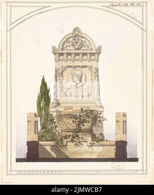 Architecte inconnu, grave monument pour le conseiller privé Stein à Stettin. Compétition mensuelle décembre 1877 (12,1877) : vue avant du RISS ; barre d'échelle. Tuche aquarelle sur papier, 48 x 40,1 cm (y compris les bords de numérisation) N.N. : Grabdenkmal für Geheimrat Stein, Stettin. Monatskonkurrenz Dezember 1877 Banque D'Images