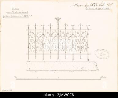 Architecte inconnu, grave monument pour le conseiller privé Stein à Stettin. Concours mensuel décembre 1877 (12,1877): Grille détaillée; barre d'échelle. Encre sur carton, 21,8 x 28 cm (y compris les bords de numérisation) N.N. : Grabdenkmal für Geheimrat Stein, Stettin. Monatskonkurrenz Dezember 1877 Banque D'Images