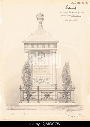 Architecte inconnu, grave monument pour le conseiller privé Stein à Stettin. Compétition mensuelle décembre 1877 (12,1877) : vue avant du RISS ; barre d'échelle. Tuche aquarelle sur papier, 55,8 x 41,7 cm (y compris les bords de numérisation) N.N. : Grabdenkmal für Geheimrat Stein, Stettin. Monatskonkurrenz Dezember 1877 Banque D'Images