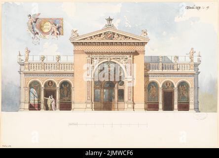 Architecte inconnu, maison de jardin. Compétition mensuelle octobre 1877 (10,1877) : vue sur le jardin supérieur ; barre d'échelle. Tuche aquarelle sur papier, 33,7 x 49,9 cm (y compris les bords de numérisation) N.N. : Gartenhaus. Monatskonkurrenz Oktober 1877 Banque D'Images