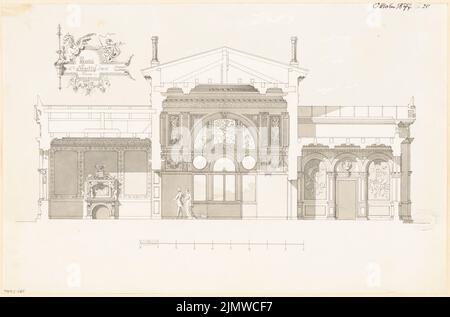 Architecte inconnu, maison de jardin. Compétition mensuelle octobre 1877 (10,1877) : vue avant du RISS ; barre d'échelle. Tuche aquarelle sur papier, 32,5 x 49,4 cm (y compris les bords de numérisation) N.N. : Gartenhaus. Monatskonkurrenz Oktober 1877 Banque D'Images