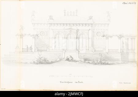 Architecte inconnu, maison de jardin. Compétition mensuelle octobre 1877 (10,1877) : vue sur le jardin supérieur ; barre d'échelle. Aquarelle crayon sur la boîte, 44,2 x 66,7 cm (y compris les bords de numérisation) N. : Gartenhaus. Monatskonkurrenz Oktober 1877 Banque D'Images