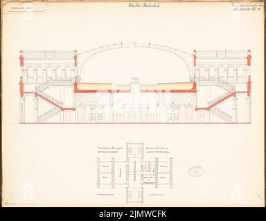 Architecte inconnu, Stadtbahnhof à Berlin. Compétition mensuelle août 1877 (08,1877): Plan d'étage 1: 300, section transversale 1:75; barre d'échelle. Tuche aquarelle sur la boîte, 45,8 x 58,7 cm (y compris les bords de numérisation) N.N. : Stadtbahnhof, Berlin. Monatskonkurrenz août 1877 Banque D'Images