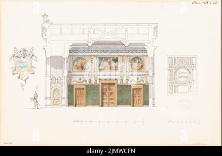 Architecte inconnu, maison de jardin. Compétition mensuelle octobre 1877 (10,1877): Coupe transversale avec un mur extérieur et peinture murale, croquis pour la division plafond; 2 bandes d'échelle. Tuche aquarelle sur papier, 33,1 x 50,1 cm (y compris les bords de numérisation) N.N. : Gartenhaus. Monatskonkurrenz Oktober 1877 Banque D'Images