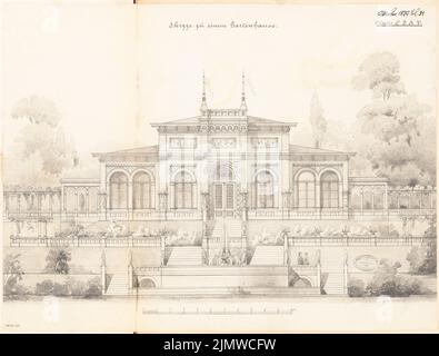 Architecte inconnu, maison de jardin. Compétition mensuelle octobre 1877 (10,1877) : vue sur le jardin supérieur ; barre d'échelle. Crayon et aquarelle d'encre sur la boîte, 49,1 x 64,7 cm (y compris les bords de numérisation) N. : Gartenhaus. Monatskonkurrenz Oktober 1877 Banque D'Images