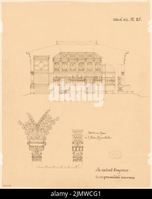 Architecte inconnu, maison de jardin. Concours mensuel octobre 1877 (10,1877): Section transversale, 2 détails: Support de feuille et de fenêtre; 2 bandes d'échelle. Encre sur carton, 48,2 x 39 cm (y compris les bords de numérisation) N.N. : Gartenhaus. Monatskonkurrenz Oktober 1877 Banque D'Images