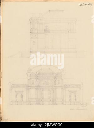 Architecte inconnu, maison de jardin. Compétition mensuelle octobre 1877 (10,1877) : vue latérale supérieure, coupe longitudinale avec décoration murale intérieure. Crayon sur carton, 57,2 x 44,2 cm (y compris les bords de numérisation) N. : Gartenhaus. Monatskonkurrenz Oktober 1877 Banque D'Images