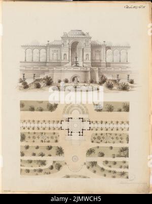 Architecte inconnu, maison de jardin. Compétition mensuelle octobre 1877 (10,1877): Plan du site avec plan d'étage, vue sur le jardin. Aquarelle crayon sur la boîte, 57,5 x 45,1 cm (y compris les bords de numérisation) N. : Gartenhaus. Monatskonkurrenz Oktober 1877 Banque D'Images