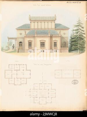 Architecte inconnu, villa pour un baccalauréat. Compétition mensuelle janvier 1878 (01,1878): Plan d'étage sous-sol, rez-de-chaussée, grenier, vue latérale sur la tourmente; bar à échelle. Aquarelle crayon sur la boîte, 58,3 x 45,5 cm (y compris les bords de numérisation) N. : Villa für einem Junggesellen. Monatskonkurrenz Januar 1878 Banque D'Images