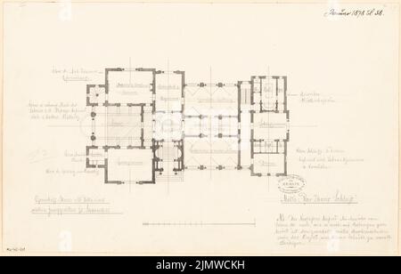 Architecte inconnu, villa pour un baccalauréat. Concours mensuel janvier 1878 (01,1878): Plan d'étage rez-de-chaussée; barre d'échelle, texte explicatif. Encre et crayon aquarelle sur la boîte, 32 x 50 cm (y compris les bords de numérisation) N. : Villa für einem Junggesellen. Monatskonkurrenz Januar 1878 Banque D'Images