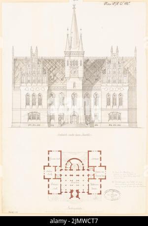 Architecte inconnu, hôtel de ville. Concours mensuel Mai 1878 (05,1878): Plan d'étage rez-de-chaussée, vue avant en tort; barre d'échelle, texte explicatif. Tuche aquarelle sur la boîte, 45,3 x 31 cm (y compris les bords de numérisation) N.N. : Rathaus. Monatskonkurrenz Mai 1878 Banque D'Images