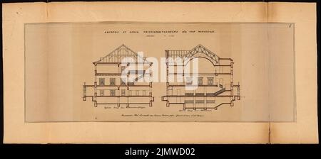 Fleischmann Kurt (né en 1897), la récréation folklorique pour une ville moyenne. Concours Schinkel 1924 (1924): Saalbau. Coupures 1: 100. Tuche aquarelle sur transparent, 47,6 x 104,7 cm (y compris les bords de balayage) Fleischmann Kurt (geb. 1897): Volkserholungsstätte für eine Mittelstadt. Schinkelwettbewerb 1924 Banque D'Images