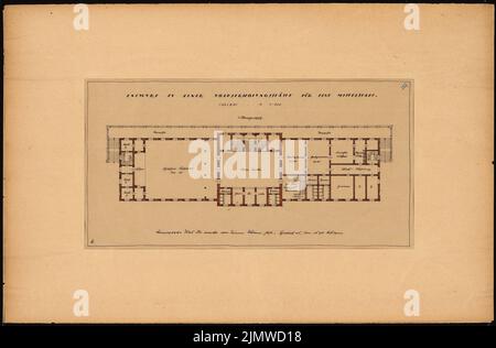 Fleischmann Kurt (né en 1897), la récréation folklorique pour une ville moyenne. Concours Schinkel 1924 (1924): Saalbau. Plan d'étage 1: 200. Tuche aquarelle sur transparent, 47,3 x 72 cm (y compris les bords de balayage) Fleischmann Kurt (geb. 1897): Volkserholungsstätte für eine Mittelstadt. Schinkelwettbewerb 1924 Banque D'Images