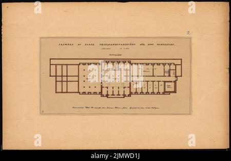 Fleischmann Kurt (né en 1897), la récréation folklorique pour une ville moyenne. Concours Schinkel 1924 (1924): Saalbau. Plan d'étage KG 1: 200. Tuche aquarelle sur transparent, 47,4 x 72,3 cm (y compris les bords de balayage) Fleischmann Kurt (geb. 1897): Volkserholungsstätte für eine Mittelstadt. Schinkelwettbewerb 1924 Banque D'Images