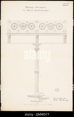 Architecte inconnu, forme architecturale des passages inférieurs du Stadtbahn de Berlin. Compétition mensuelle Mars 1880 (03,1880): RISS vue latérale d'un pilier avec rambarde 1:10; barre d'échelle. Encre sur carton, 93,9 x 62,5 cm (y compris les bords de numérisation) N.N. : Architektonische Formgebung der Unterführungen der Berliner Stadtbahn. Monatskonkurrenz März 1880 Banque D'Images