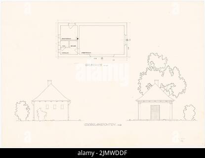 Michel Paul jun. (1922-1943), maison de jardin (15 juillet 1941) : vue sur pignon 1:50, plan d'étage 1:50. Encre et crayon sur carton, 45,9 x 63,4 cm (y compris les bords de numérisation) Michel Paul jun. (1922-1943): Gartenhaus Banque D'Images