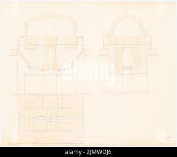 Michel Alfred (1843-1913), système technique: Four (?) (Environ 1864-1868): coupe verticale, deux coupes horizontales, échelle. Encre et crayon aquarelle sur la boîte, 56,4 x 67,7 cm (y compris les bords de balayage) Michel Alfred (1843-1913): Technische Anlage: Ofen (?) Banque D'Images