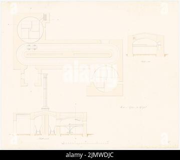 Michel Alfred (1843-1913), système technique: Route et poêle de refroidissement pour verre de table (03.04.1868): Coupe verticale, 2 coupes horizontales: Coupe selon BB, coupe selon AA, barre d'échelle. Encre et crayon aquarelle sur la boîte, 52,2 x 62,6 cm (y compris les bords de balayage) Michel Alfred (1843-1913): Technische Anlage: Strecke und Kühlofen für Tafelglas Banque D'Images