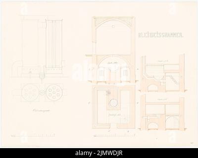 Michel Alfred (1843-1913), système technique: Chambre blanche de plomb et appareil de condensation (26.02.1868): 3 sections CD, EF, GH, plan de sol de la chambre blanche de plomb, vue latérale verticale et coupe verticale de l'appareil de condensation, barre d'échelle. Encre, couleur encre, aquarelle sur carton, 49,6 x 66,2 cm (y compris les bords de balayage) Michel Alfred (1843-1913): Technische Anlage: Bleiweißkammer und Kondensationsapparat Banque D'Images